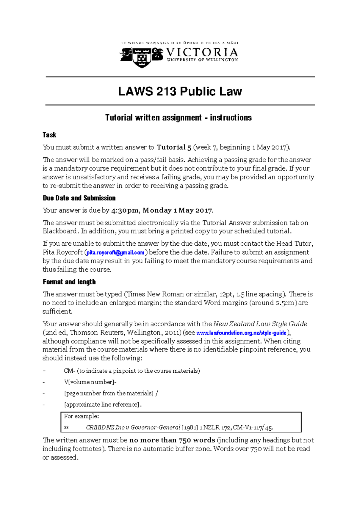 Tutorial 5 Assessment LAWS 213 Public Law Tutorial written