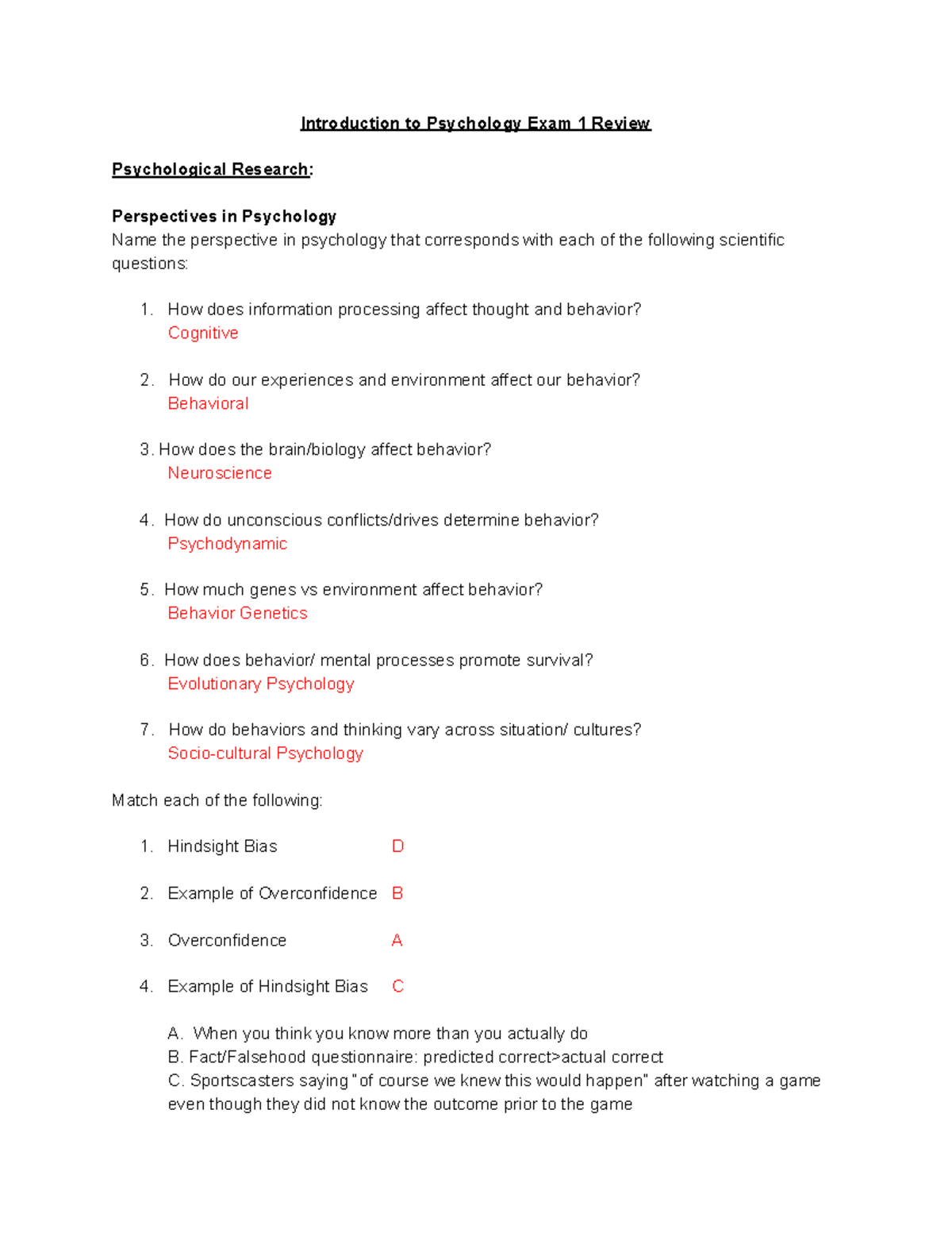 Exam Review 1 Psych 100 - Introduction to Psychology Exam 1 Review ...