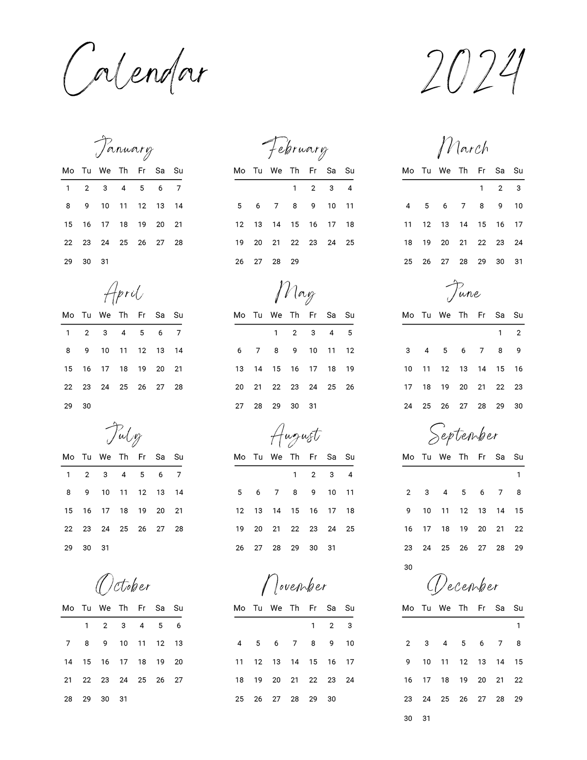 Black And White Minimalist 2024 Calendar - January Mo Tu We Th Fr Sa Su ...