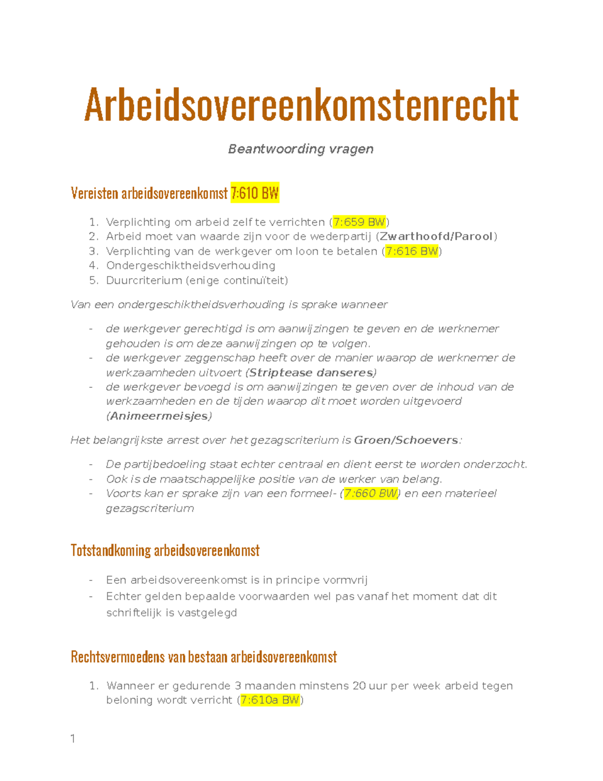 Arbeidsovereenkomstenrecht Manier Van Beantwoorden Vragen ...