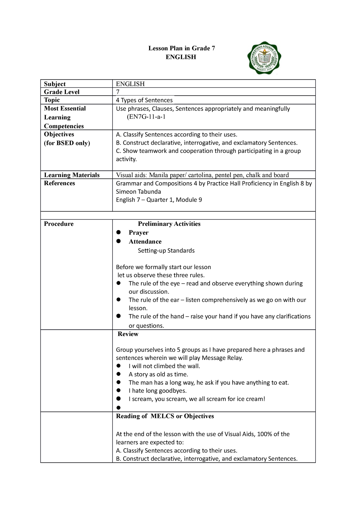 Semi detailed lesson plan types of noun - Lesson Plan in Grade 7 ...