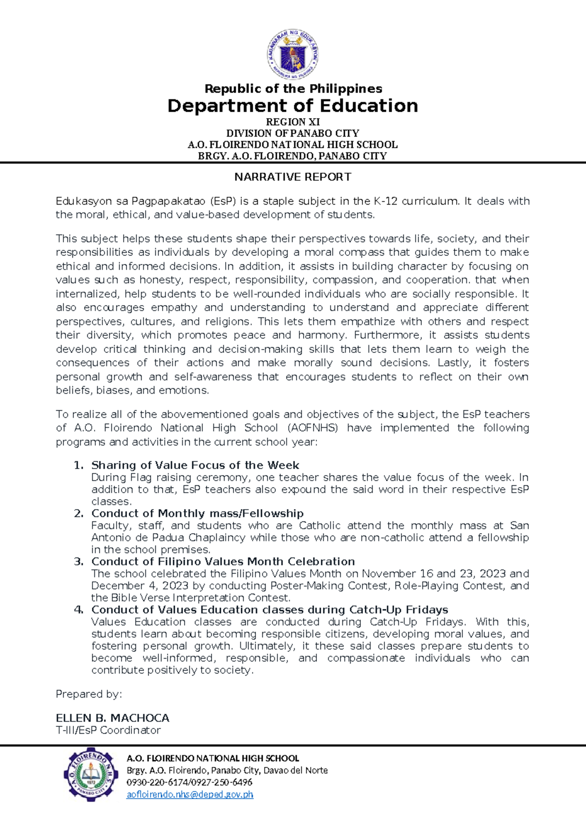 Narrative Report - ESP - Republic of the Philippines Department of ...