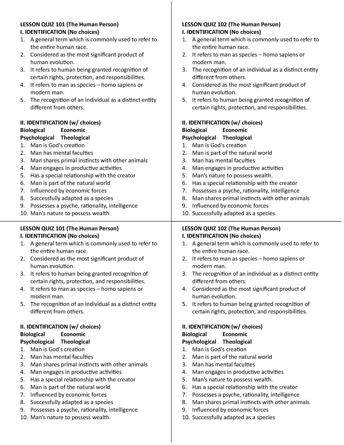 Philo-Lesson 4-Quiz - Quiz lesson 4 - LESSON QUIZ 101 (The Human Person ...