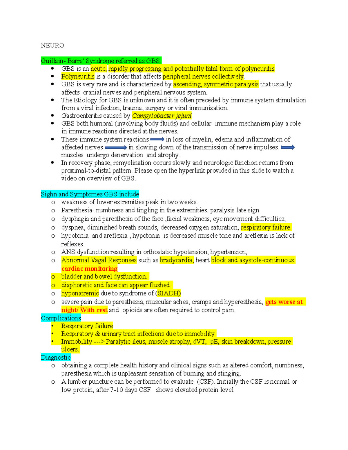 Neuro note word - class note - NEURO Guillain- Barre’ Syndrome referred ...