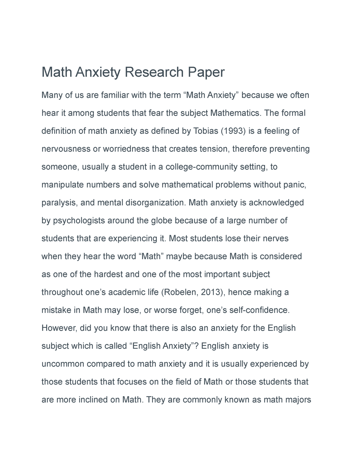 mathematics anxiety research paper