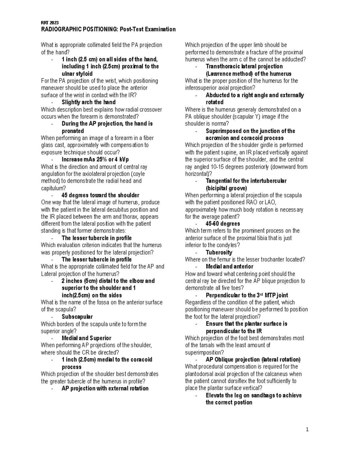 Radiographic Positioning (Posttest examination) RADIOGRAPHIC