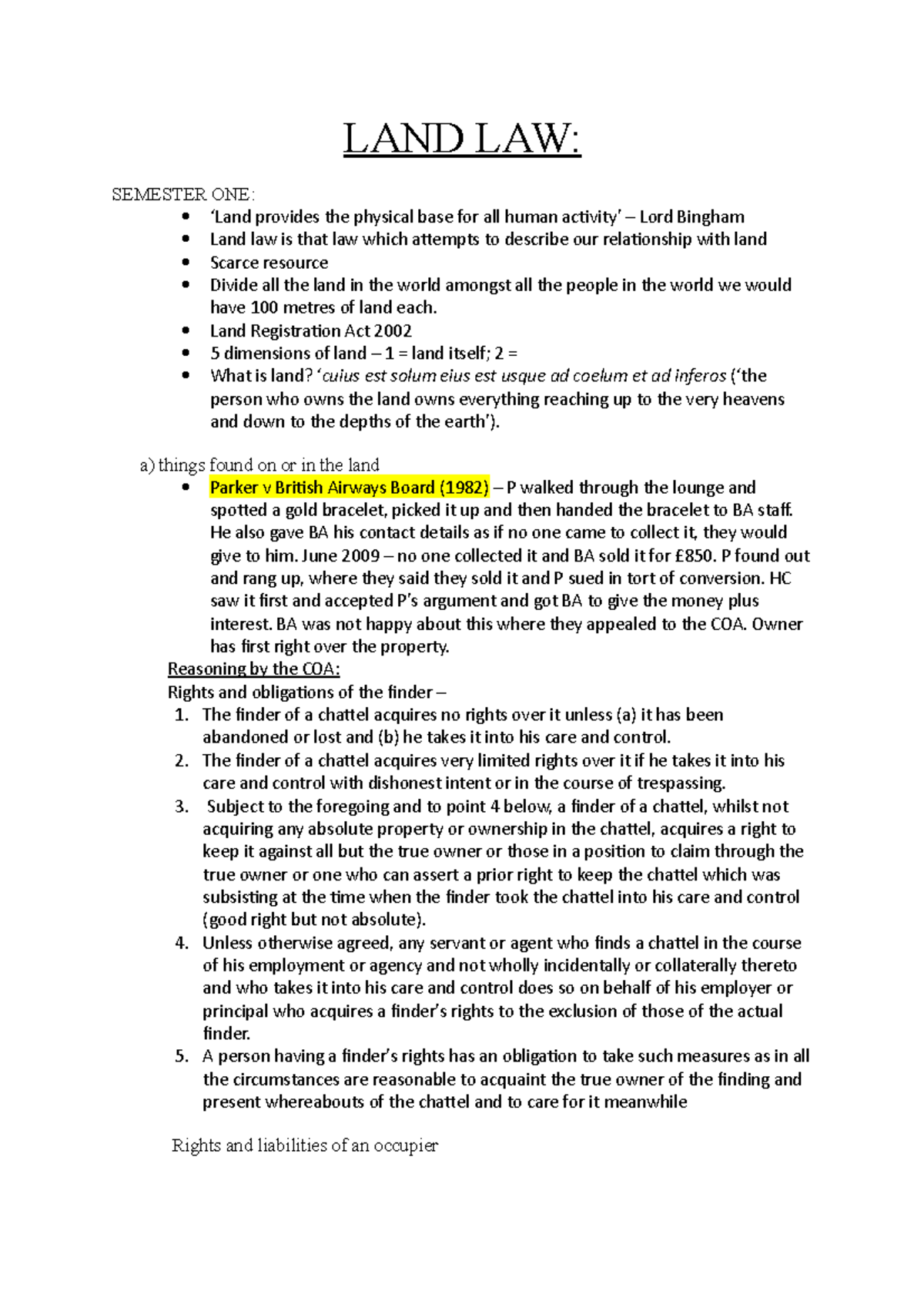 Land Law Semester 1 Tutorial 1 LAND LAW SEMESTER ONE ‘Land