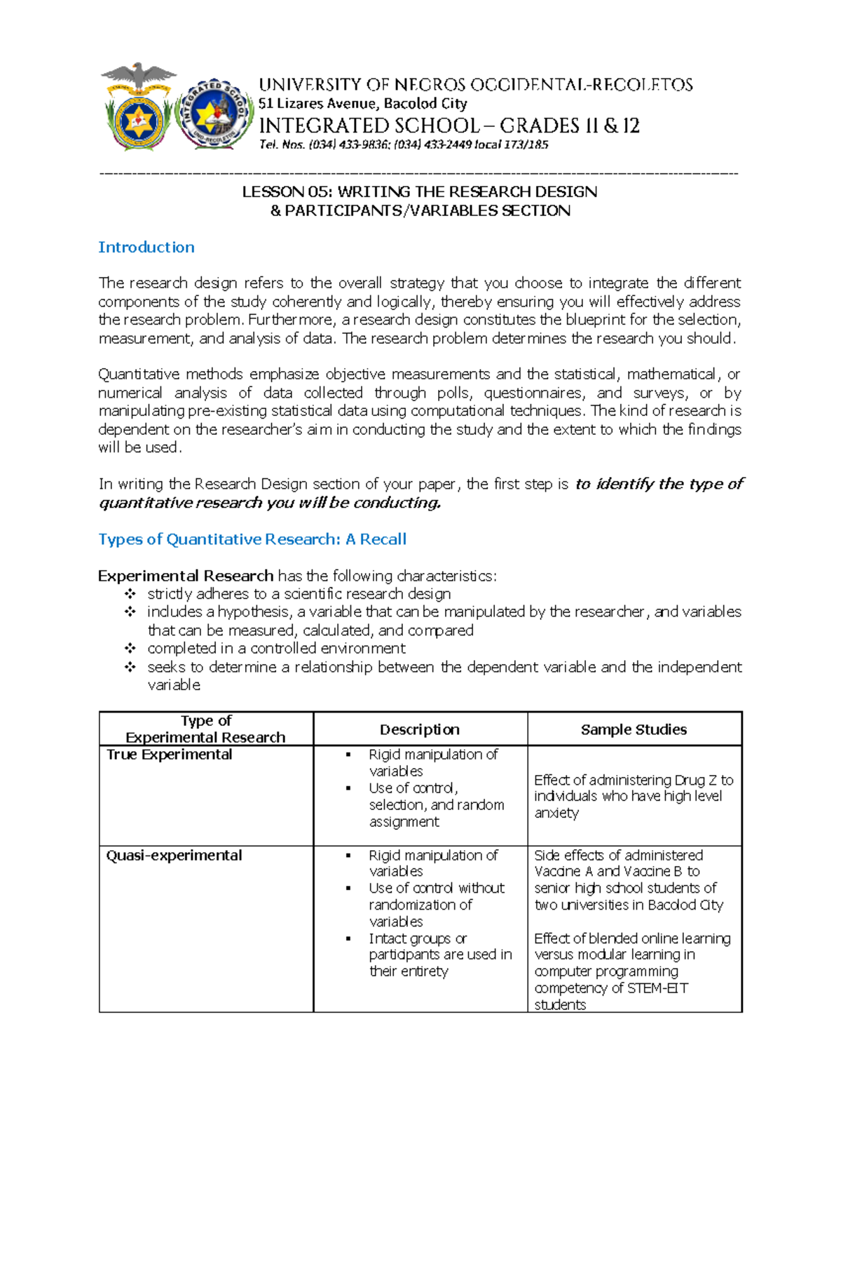 Lesson+04+ Notes - LESSON 05: WRITING THE RESEARCH DESIGN ...