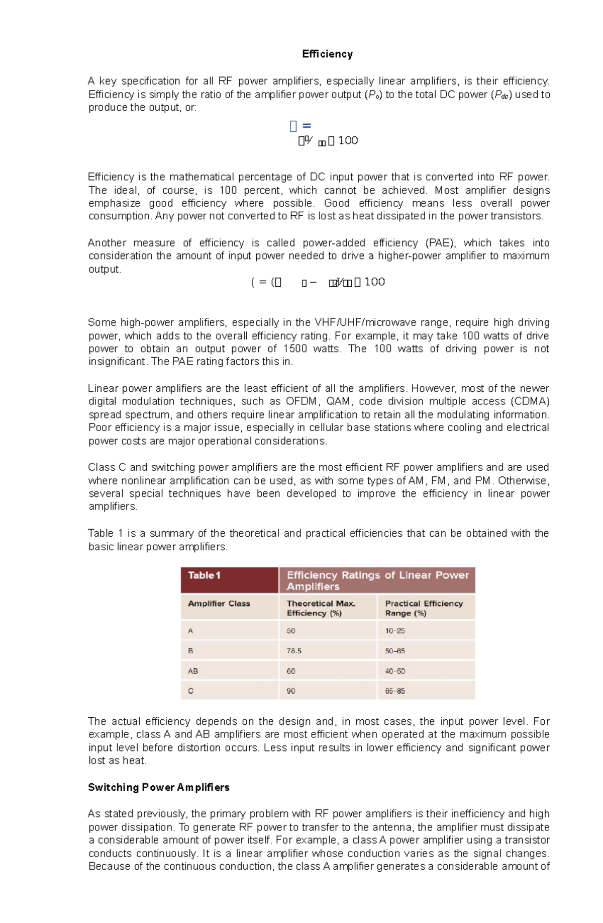 Efficiency - Efficiency is simply the ratio of the amplifier power ...