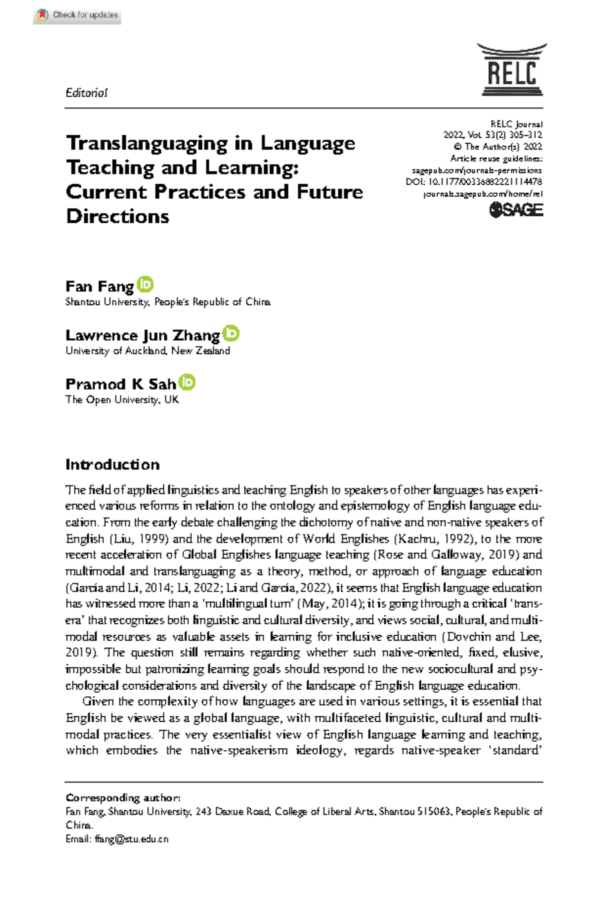 Fang et a understanding about translingualism 2022 translanguaging in ...