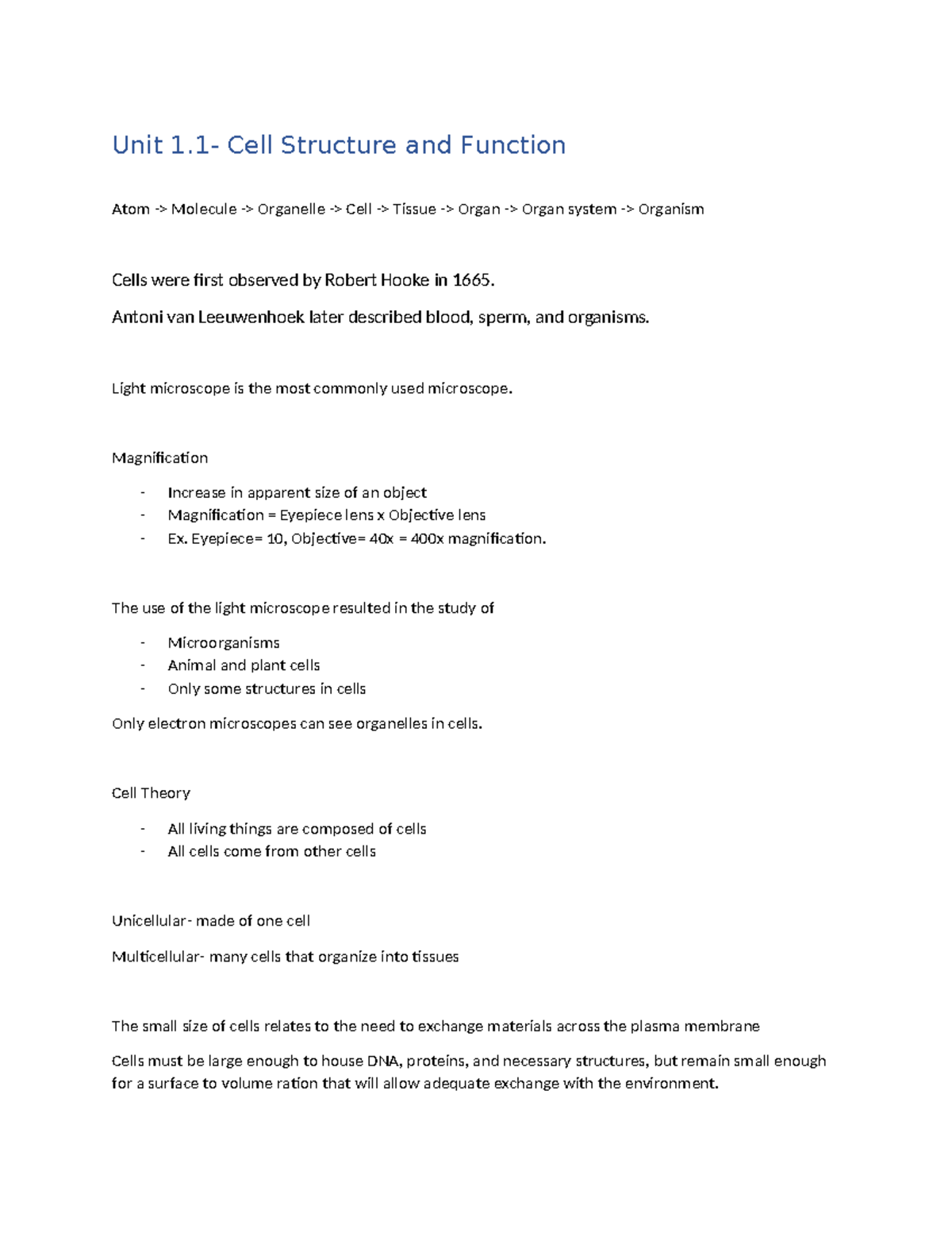 Cell structure and fuction - Unit 1- Cell Structure and Function Atom ...