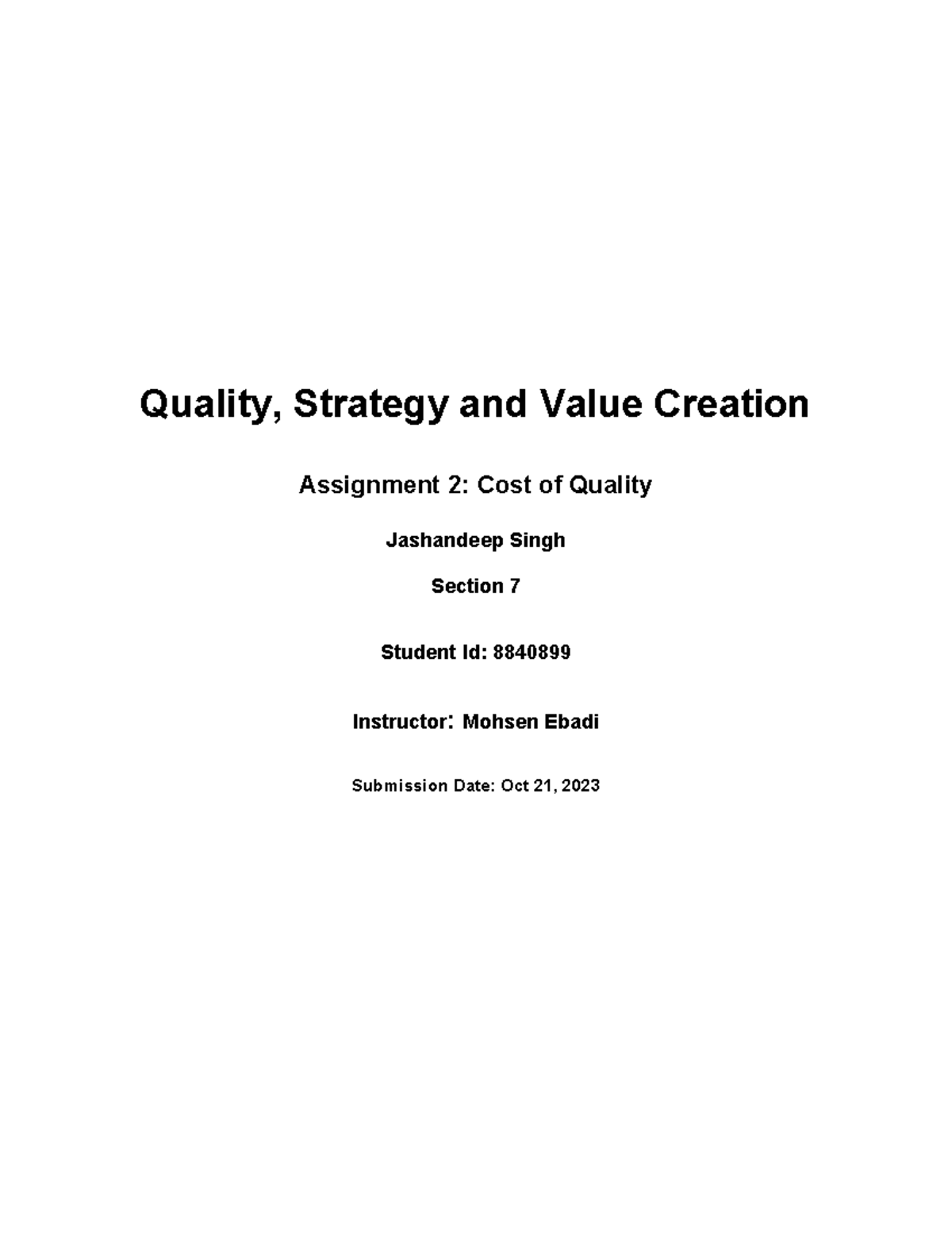 cost of quality assignment