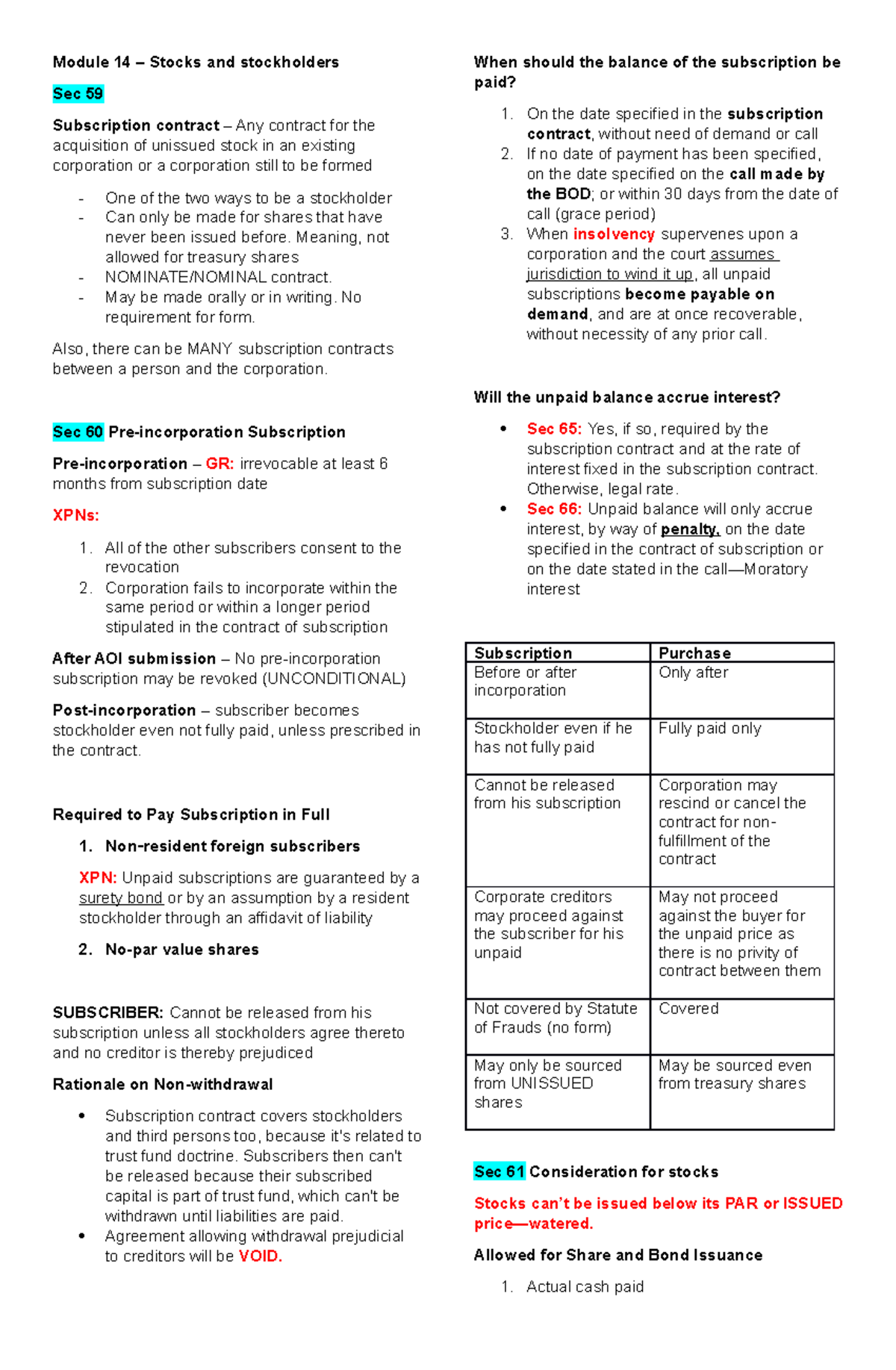 Sec 59-72 Notes - Copy - Module 14 – Stocks and stockholders Sec 59 ...