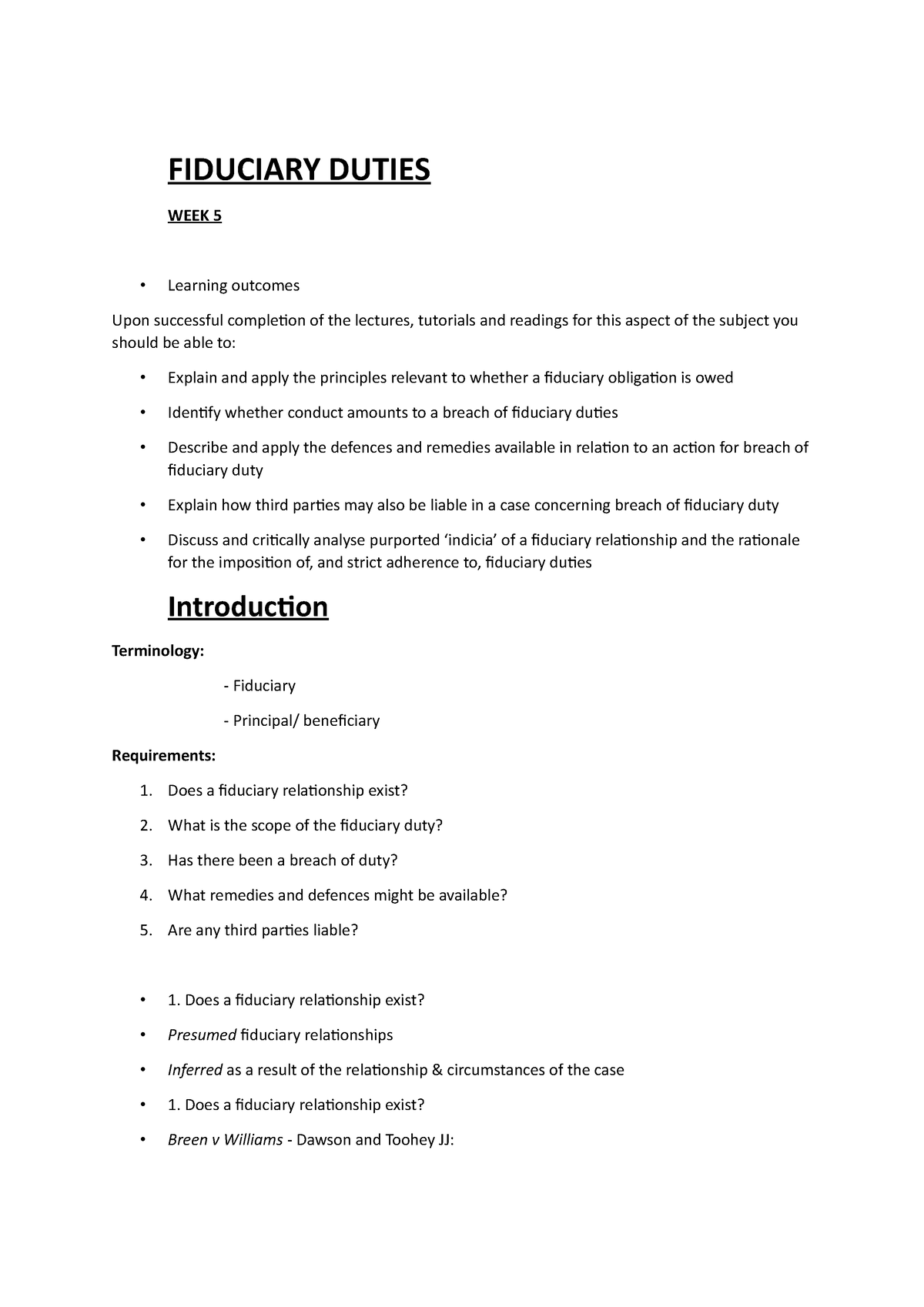 Fiduciary Duties Week 5 - FIDUCIARY DUTIES WEEK 5 Learning outcomes