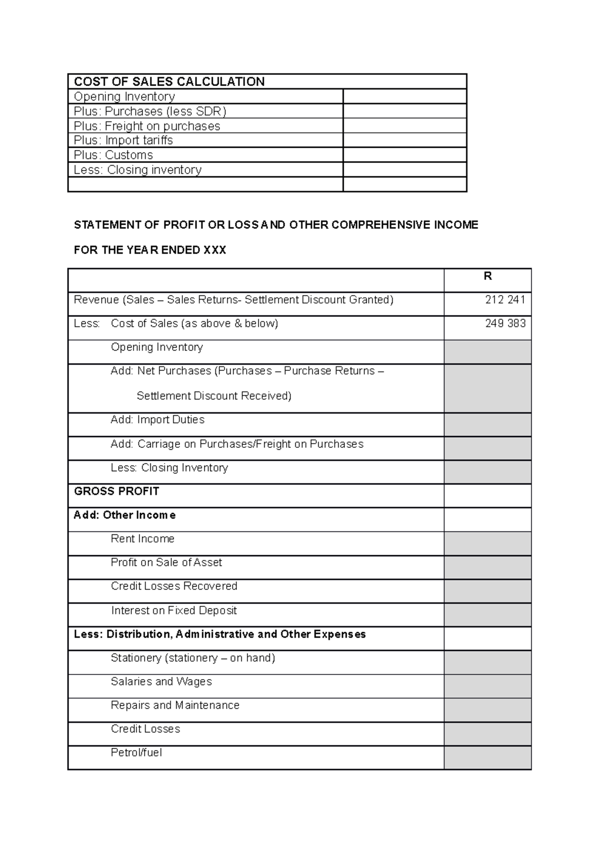 Templates Financial Statements - COST OF SALES CALCULATION Opening ...