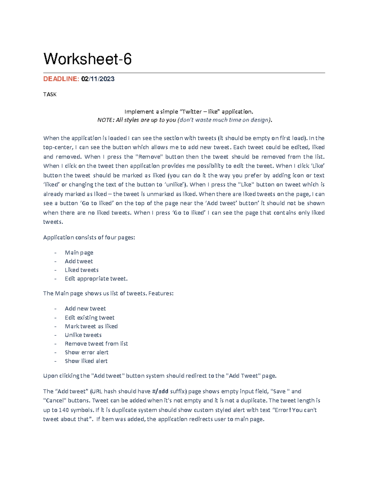 Worksheet-6 - Worksheet- DEADLINE: 02 / 11 /20 23 TASK Implement a ...