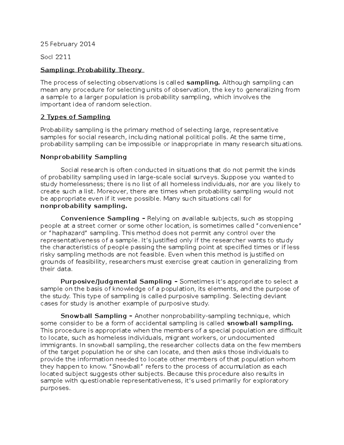 Chapter 7 notes - ACCT 2000, LSU - 25 February 2014 Socl 2211 Sampling ...