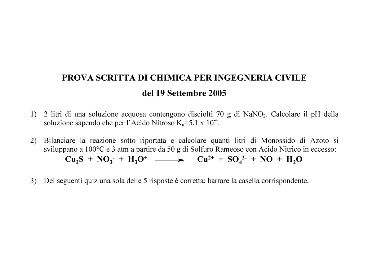 Prova D Esame Settembre Domande Chimica Per Ingegneira Civile PROVA SCRITTA DI