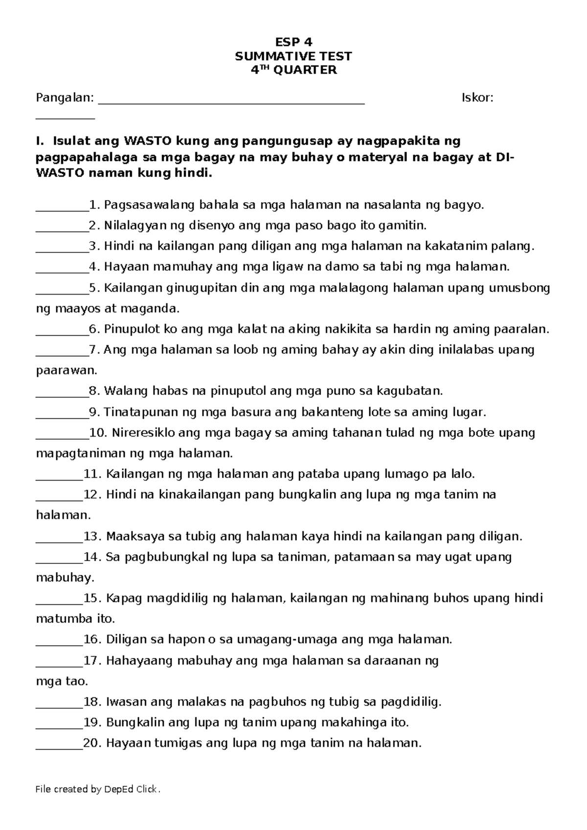 ESP4 Summative-TEST-3 Q4 - ESP 4 SUMMATIVE TEST 4 TH QUARTER Pangalan ...