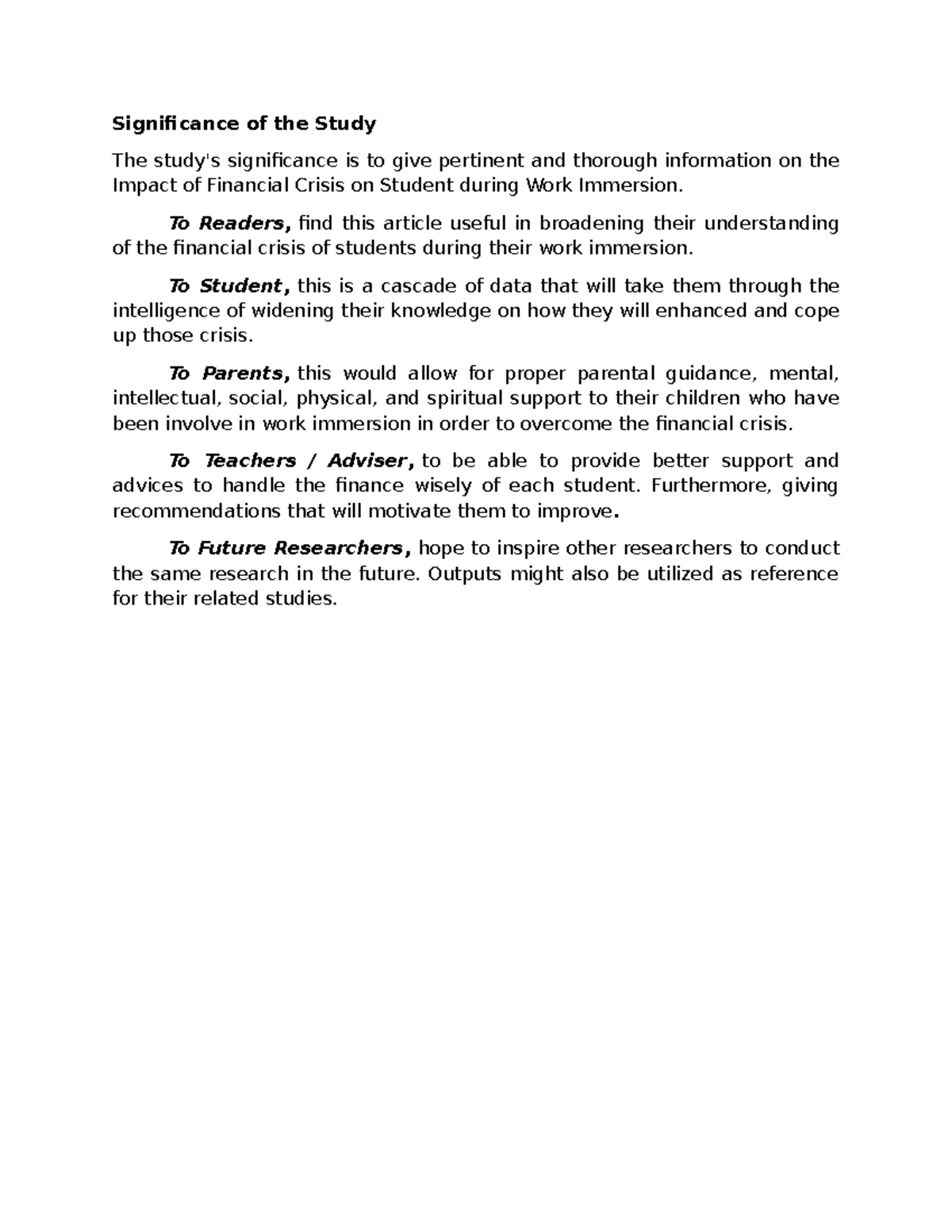 Significance of the Study - To Readers, find this article useful in ...