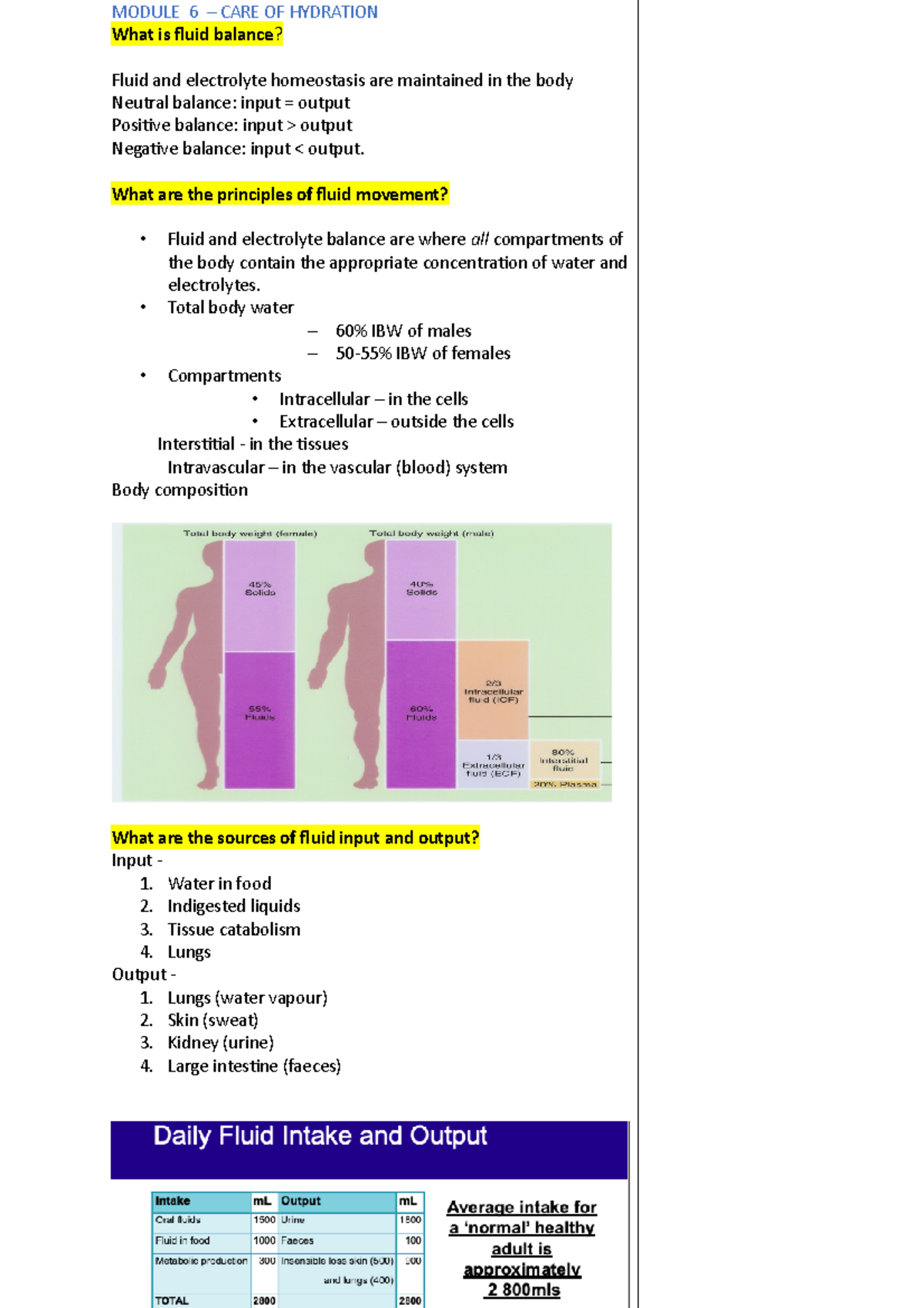 Module 6 Lecture notes week 6 MODULE 6 CARE OF HYDRATION What is fluid balance? Fluid and