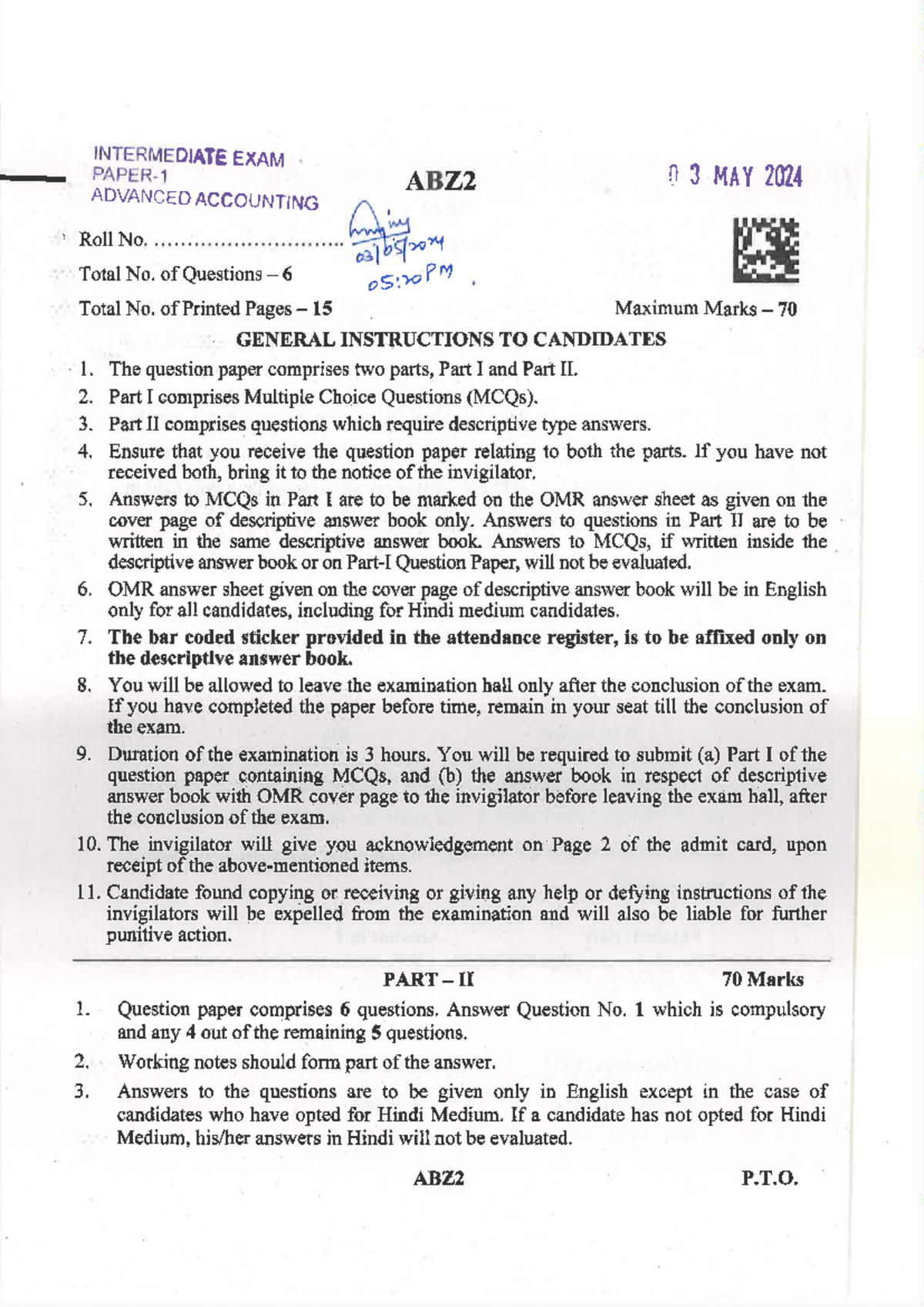 Q 1 Intermediate CA - 03 May 2024 Question Paper 1 : Advanced Auditing ...