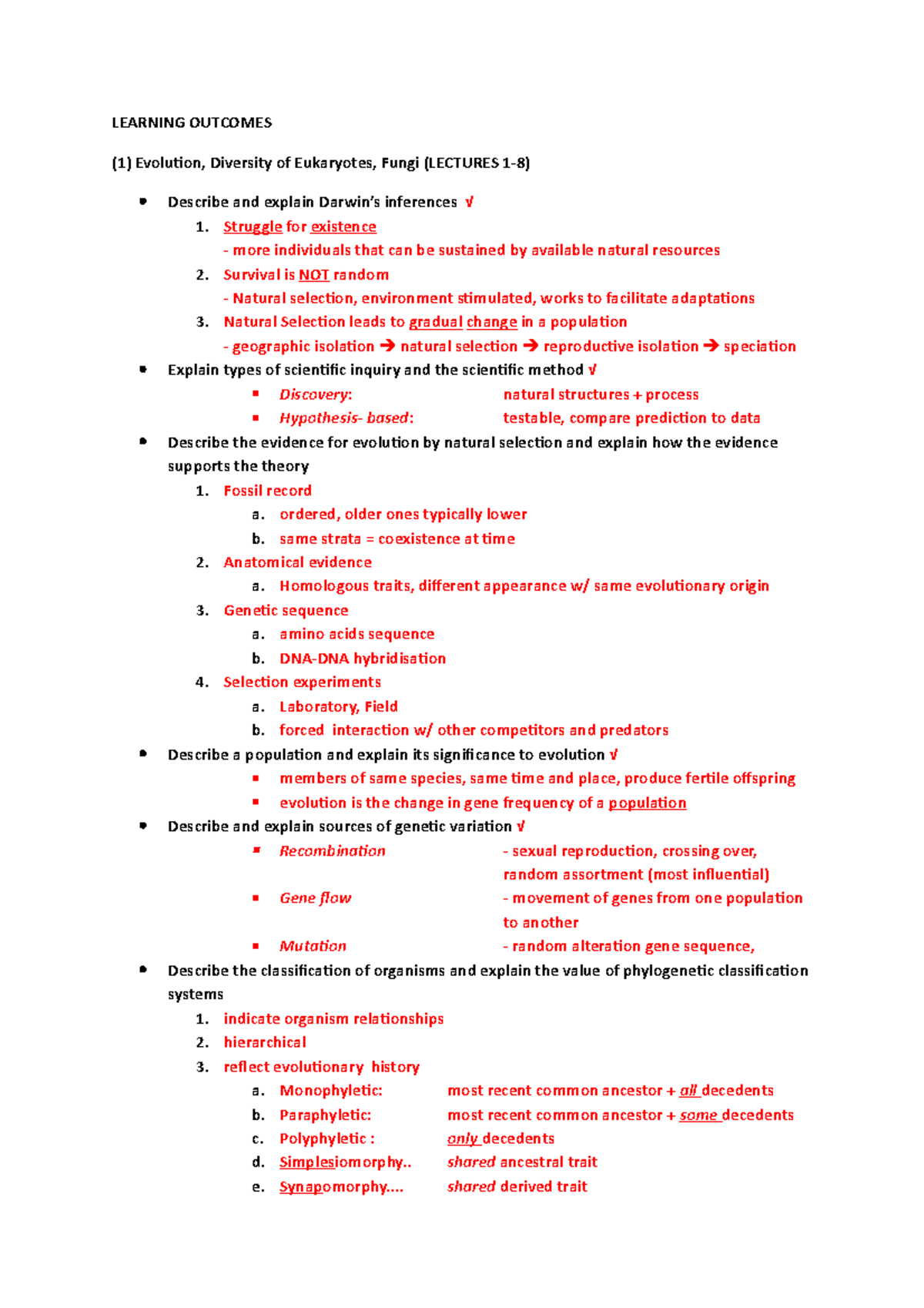 Bio sem 2 rev - Bio sem 2 rev - LEARNING OUTCOMES (1) Evolution ...