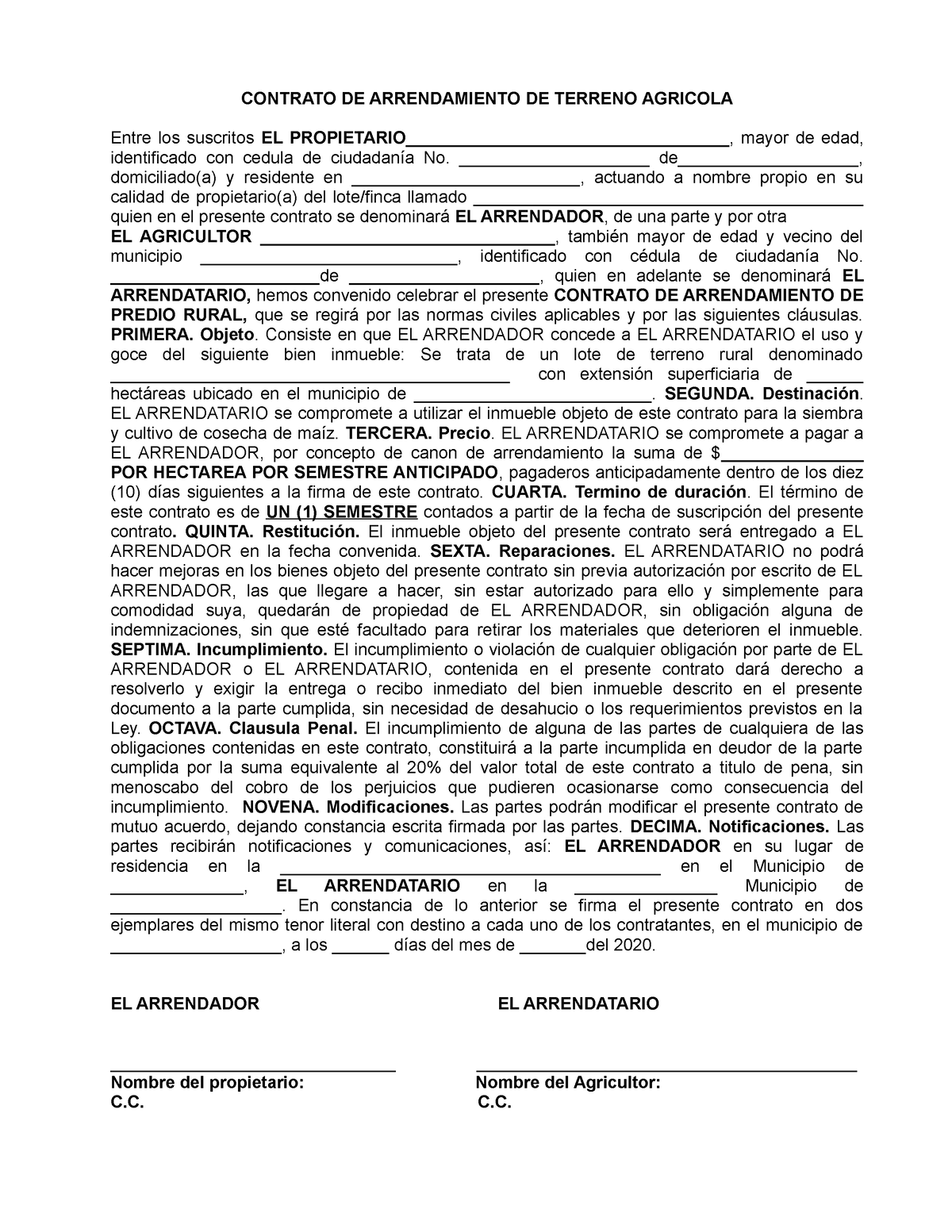 Contrato De Arrendamiento De Terreno Agricola Contrato De Arrendamiento De Terreno Agricola 3706