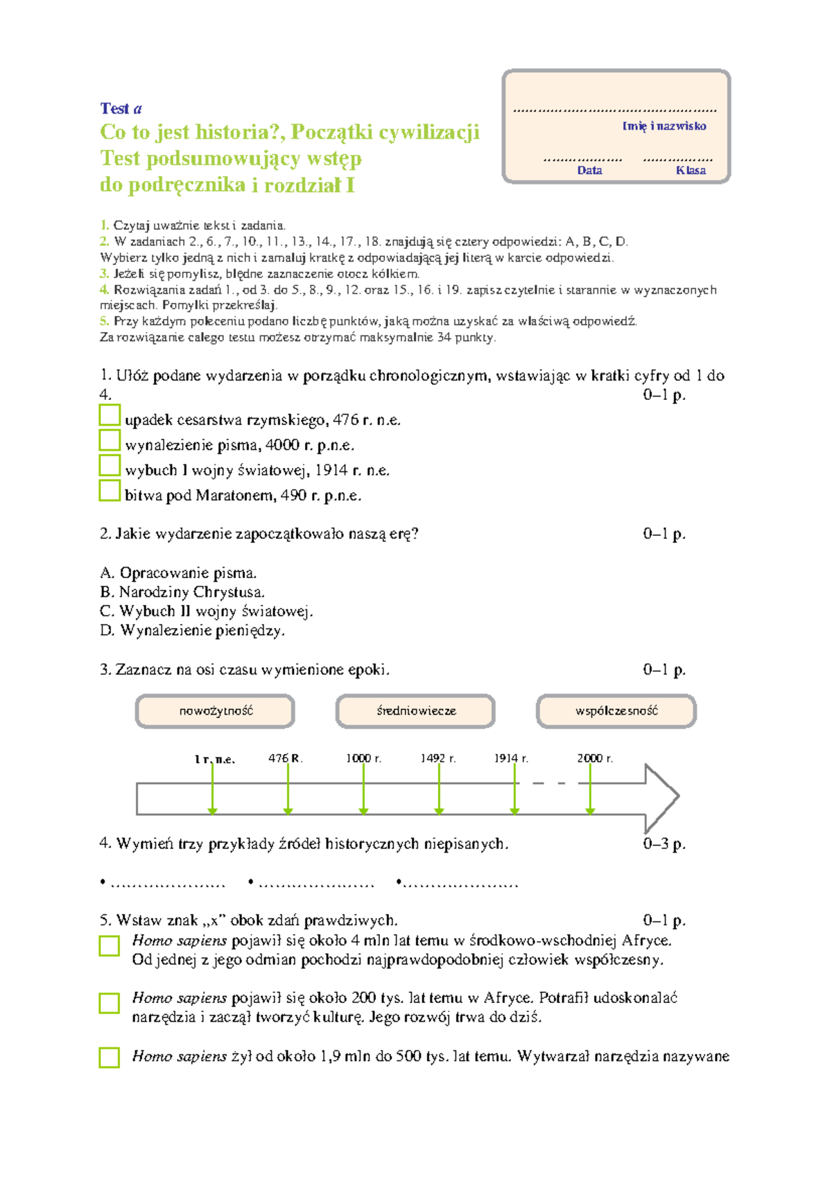 Początki Cywilizacji Sprawdzian Kl 1 Gim www.studocu.com