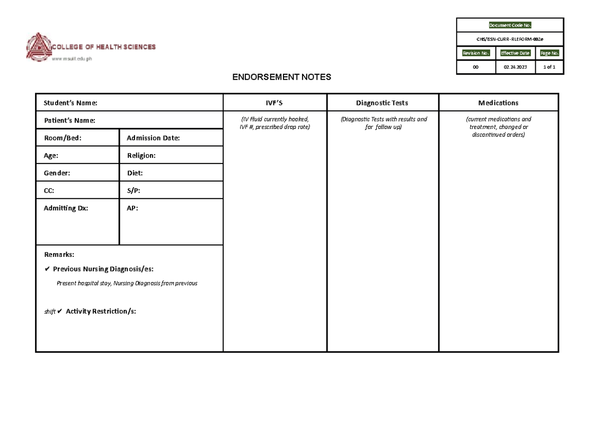 002e Endorsement Notes ENDORSEMENT NOTES Student’s Name IVF’S Diagnostic Tests Medications