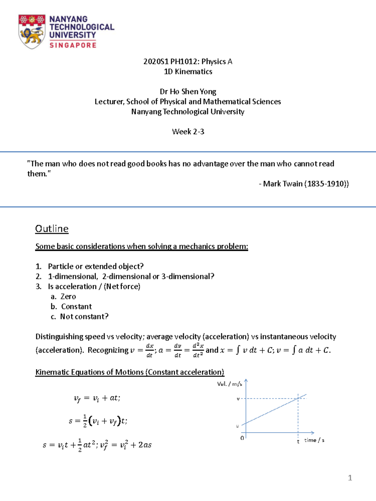 2020 - 02bc Basic Mechanics 1 - 1D Kinematics - Some Basic ...