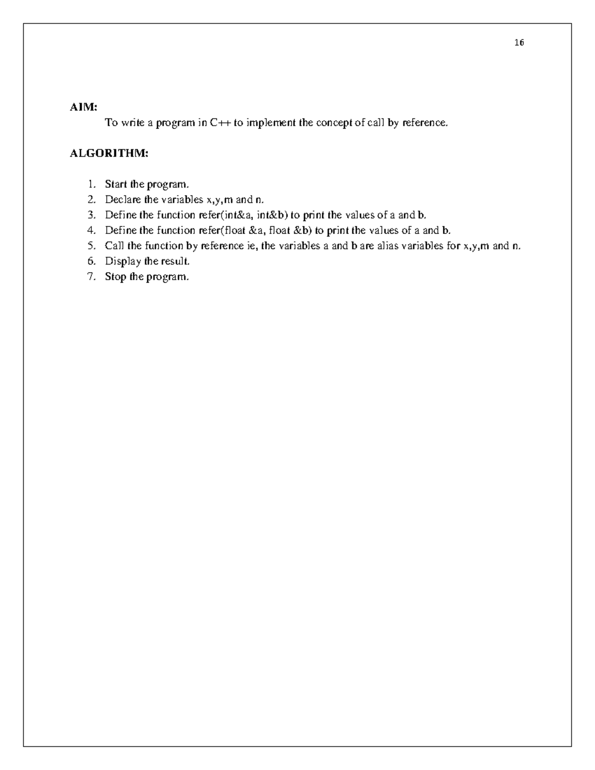 implement call by address 16 AIM To write a program in C++ to