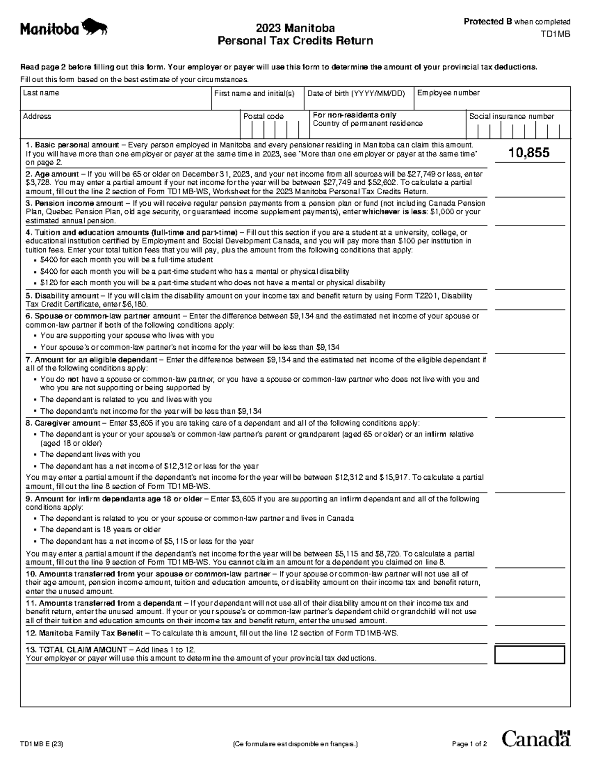 2023 Manitoba Personal Tax Form Protected B when completed TD1MB