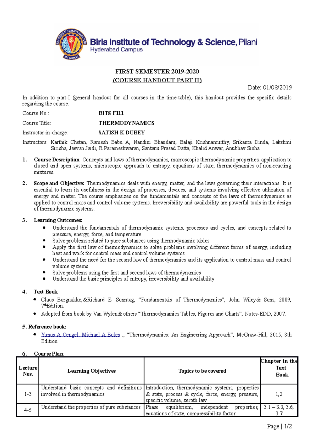 BITS F111 Thermodynamics HO-2019 - FIRST SEMESTER 2019- (COURSE HANDOUT ...