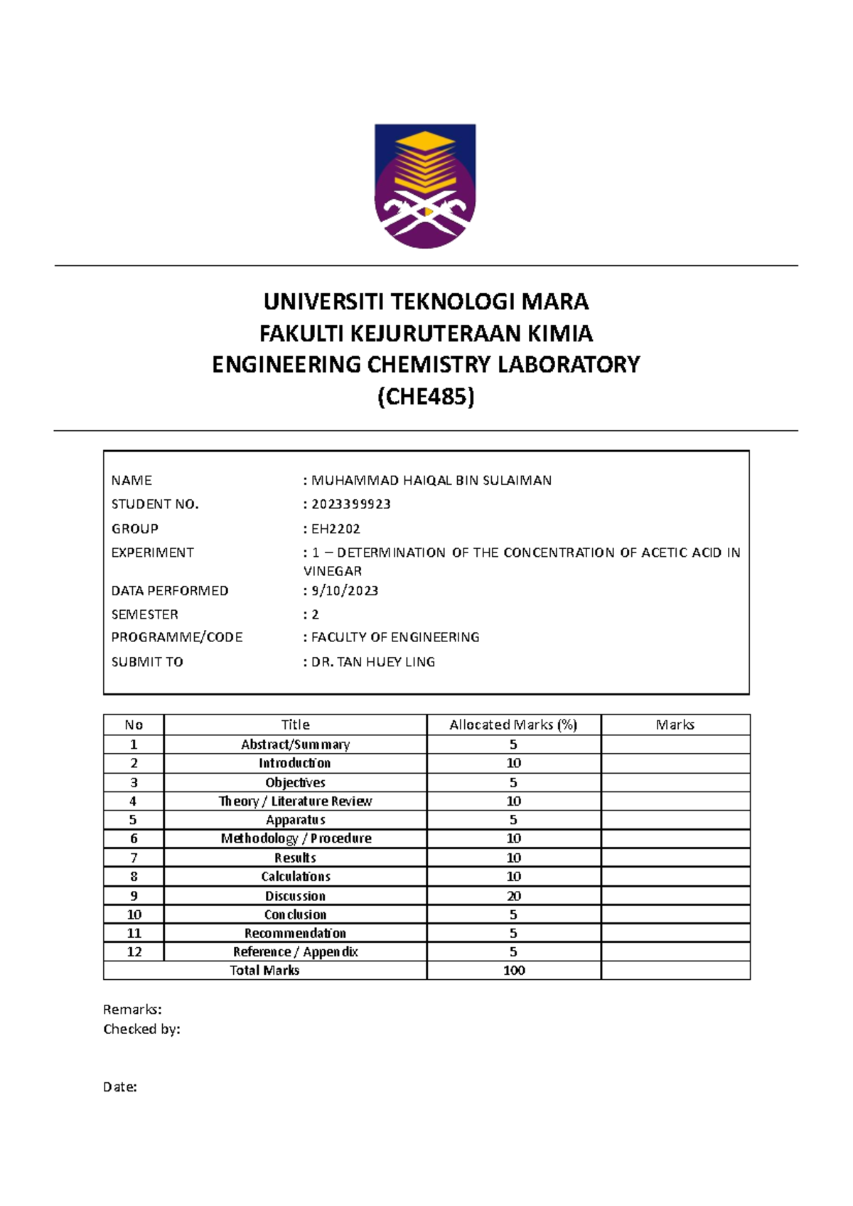 Experiment 1 - titration - UNIVERSITI TEKNOLOGI MARA FAKULTI ...
