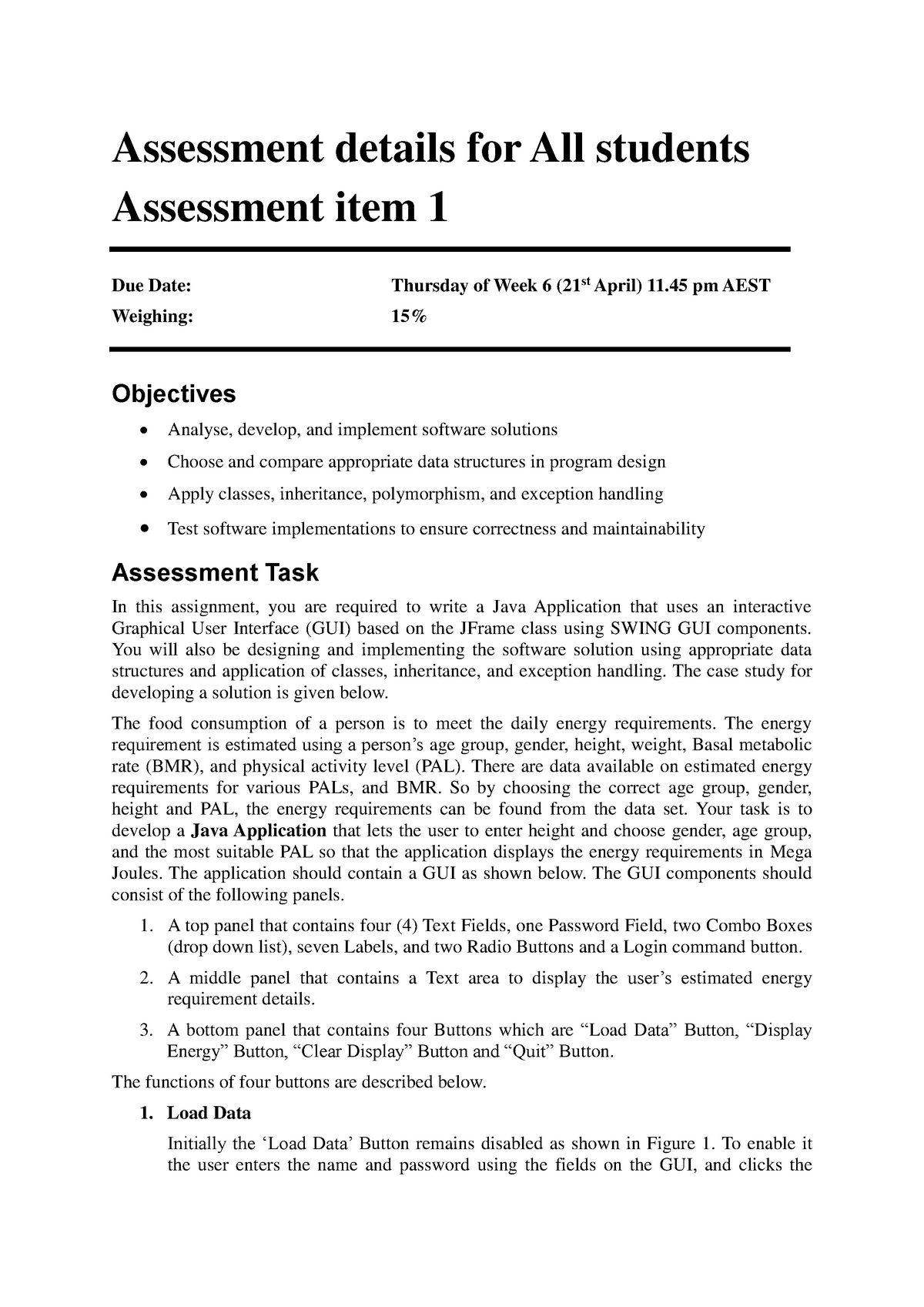 Assignment One Specification - Assessment details for All students ...