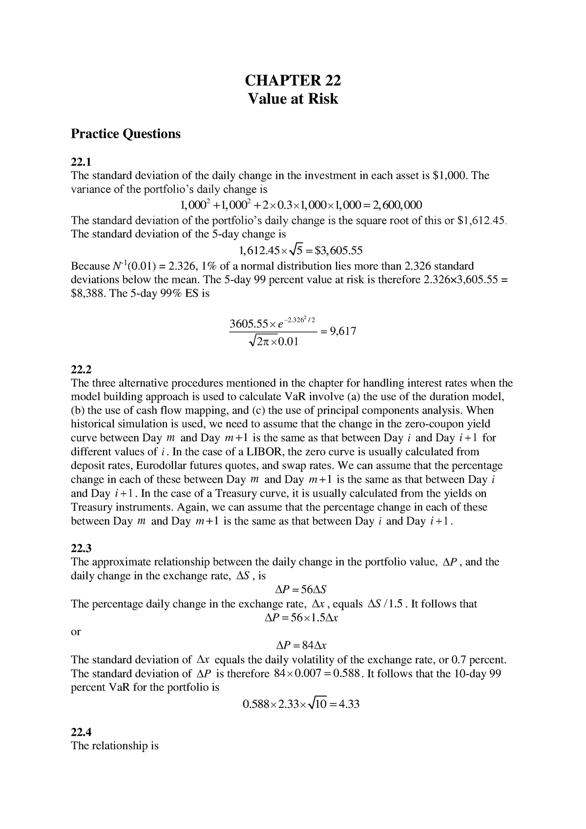 Hull OFOD 11e Solutions Ch 22 - CHAPTER 22 Value At Risk Practice ...