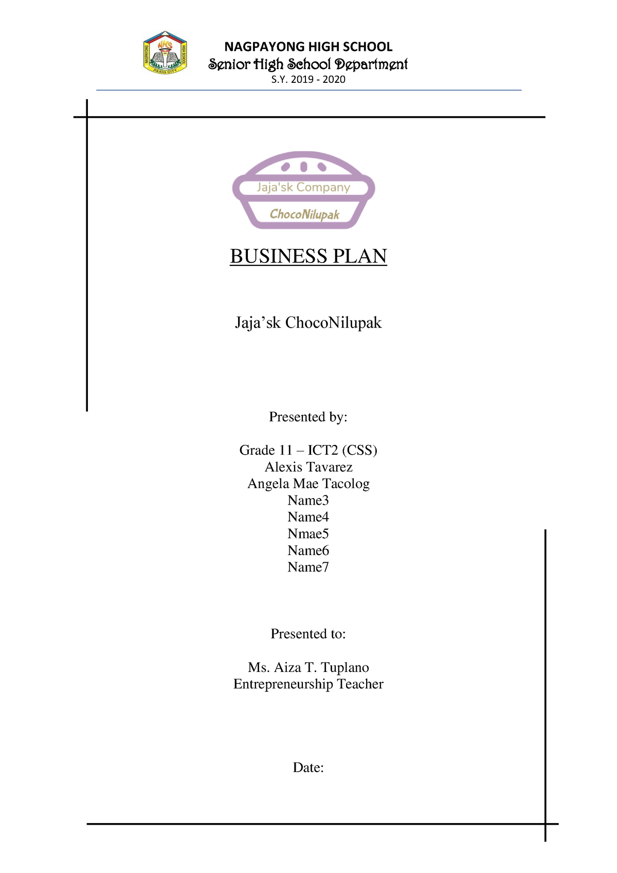 high school student business plan sample for students