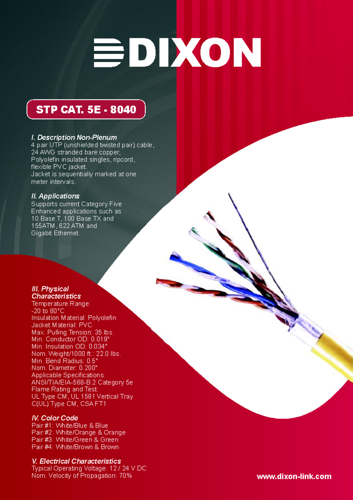 Datasheet Dixon CAT5E STP24AWG Dixon8040 DIXON III