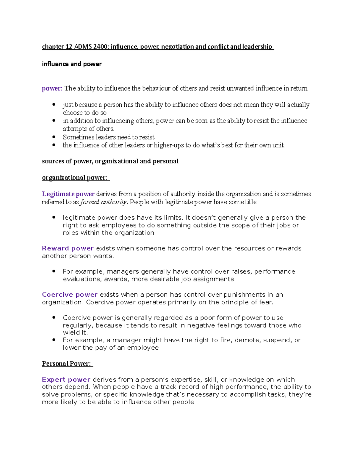 Exam ADMS 2400 notes influence power, negotiation - chapter 12 ADMS ...