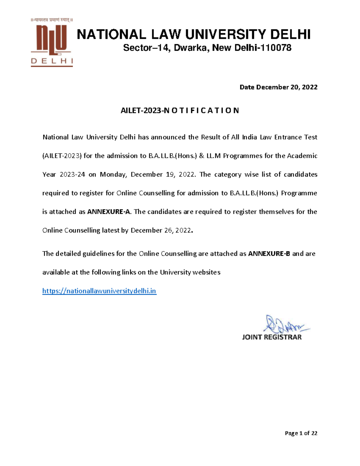 Counselling Invitees Ballb Ailet 2023 - Sector–14, Dwarka, New Delhi ...