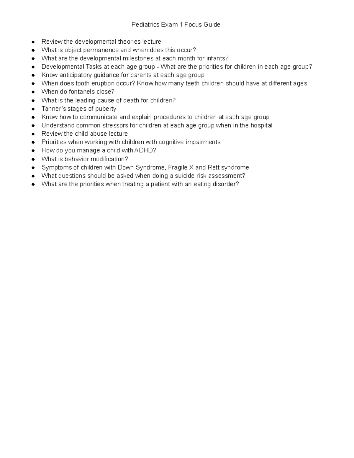 Pediatrics Exam 1 Focus Guide - Pediatrics Exam 1 Focus Guide Review ...