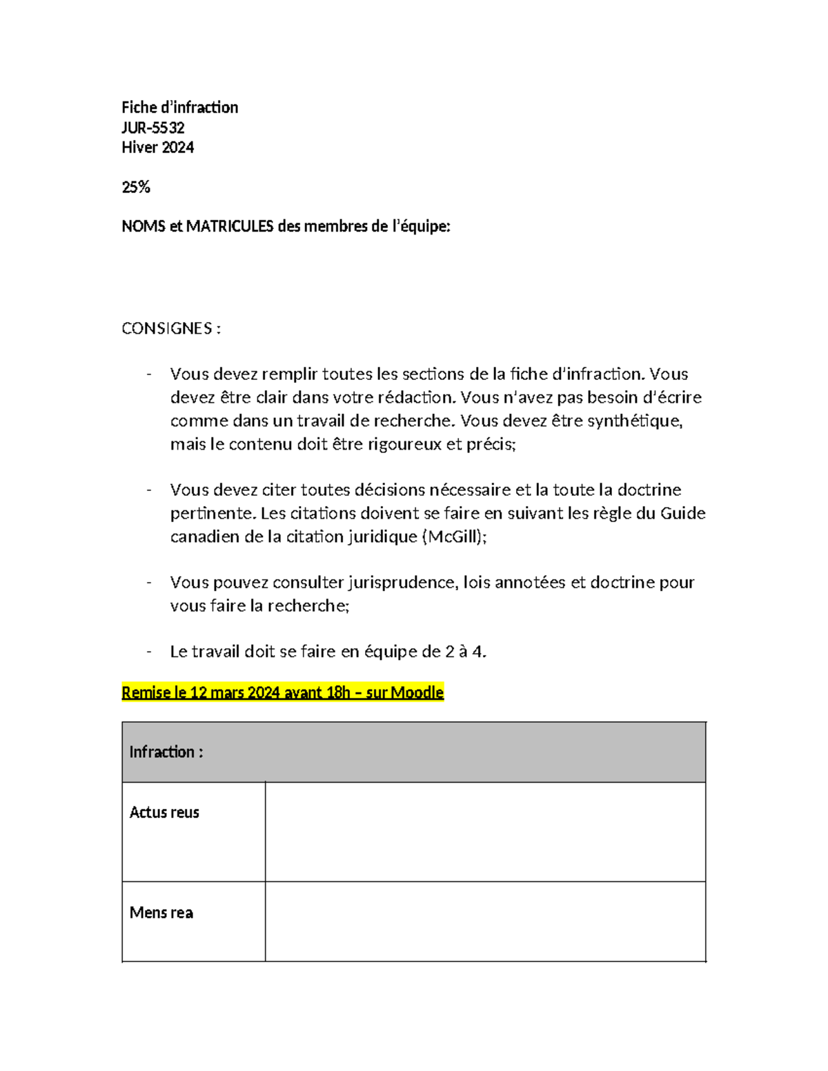 Fiche dinfraction 2024 - Fiche d’infraction JUR- Hiver 2024 25% NOMS et ...