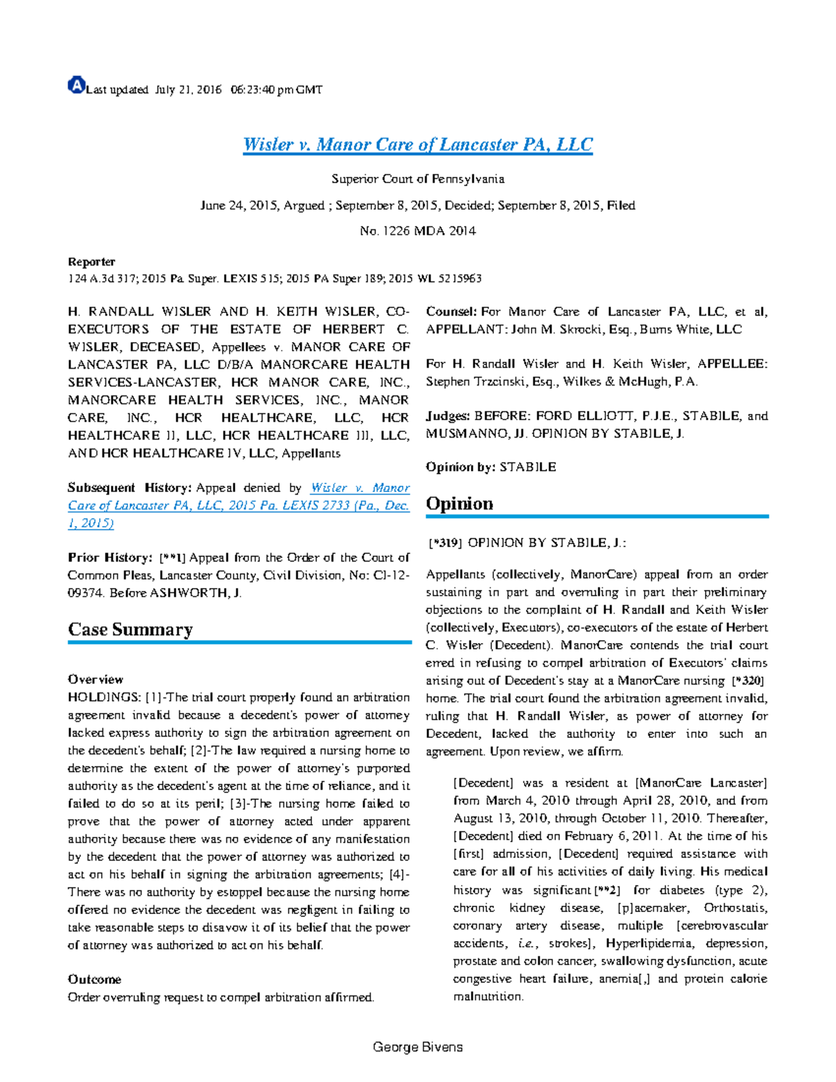 Wisler v. Manor Care of Lancaster PA LLC 124 A.3d 317 Bivens