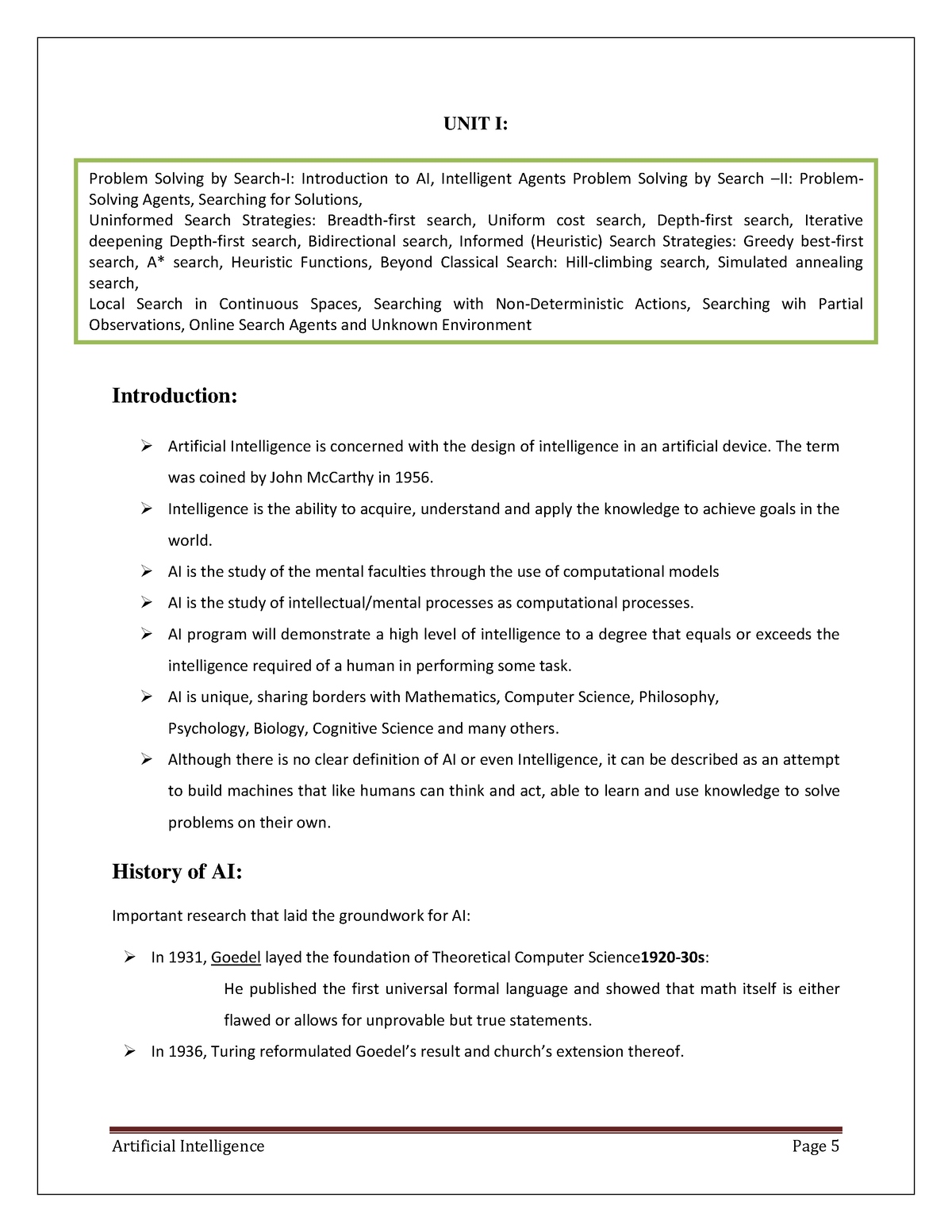AI - Artificial intelligence subject. Notes - UNIT I: Introduction ...