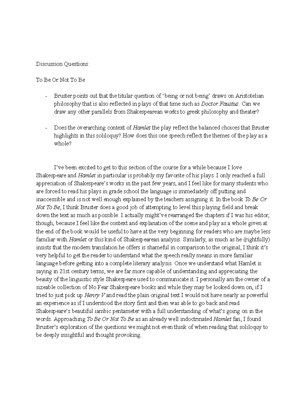 FWT To Be Or Not To Be Journal Discussion Questions To Be Or Not To