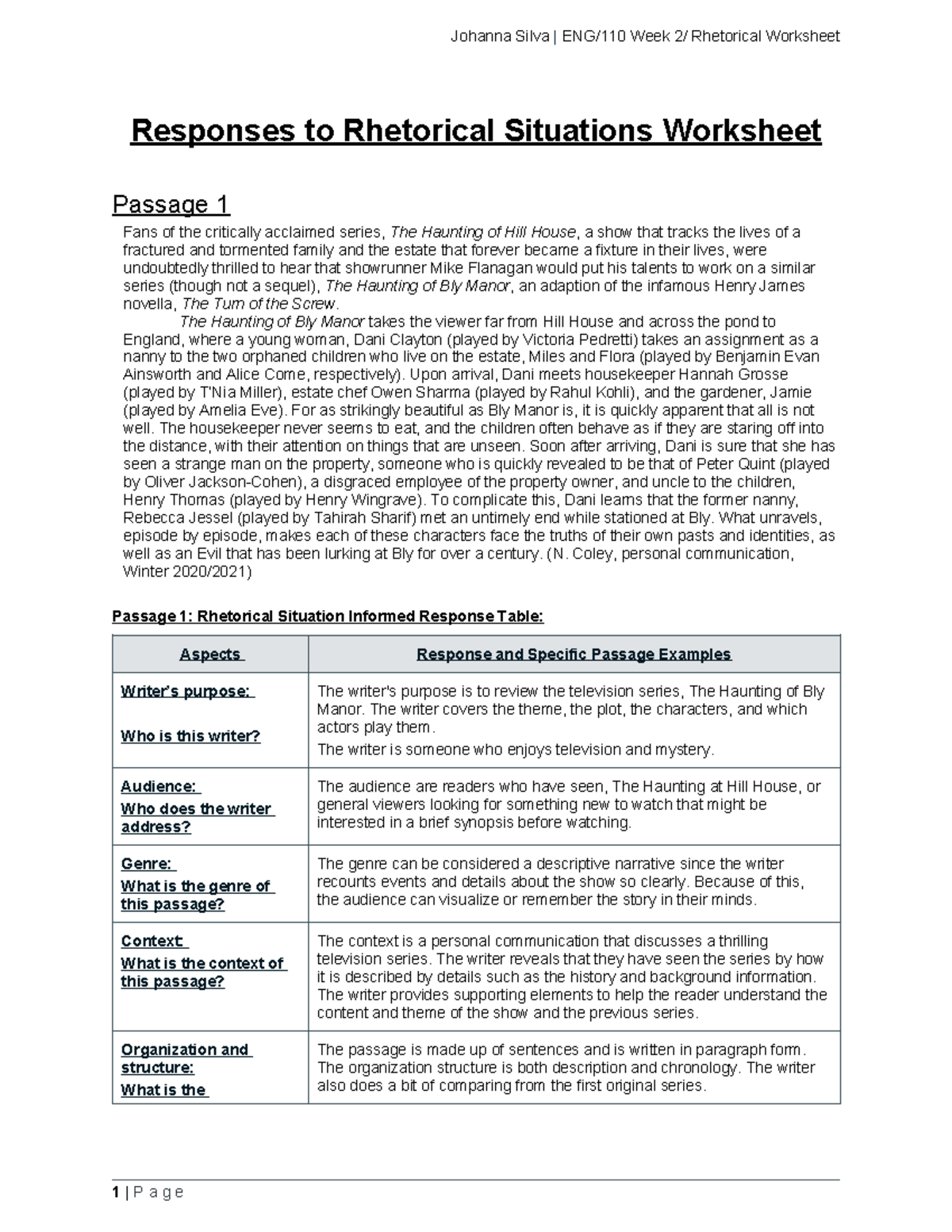 Eng 110 week 2 rhetorical worksheet asessment-johanna silva - Responses ...