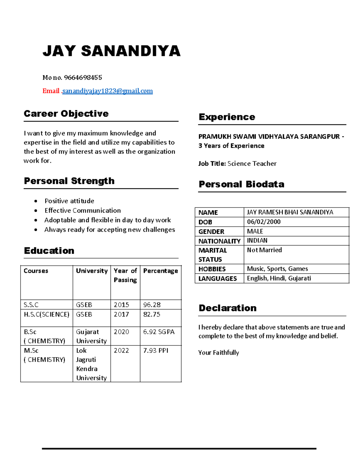 JAY Resume - JAY SANANDIYA Mo no. 9664698455 Email .sanandiyajay1823 ...