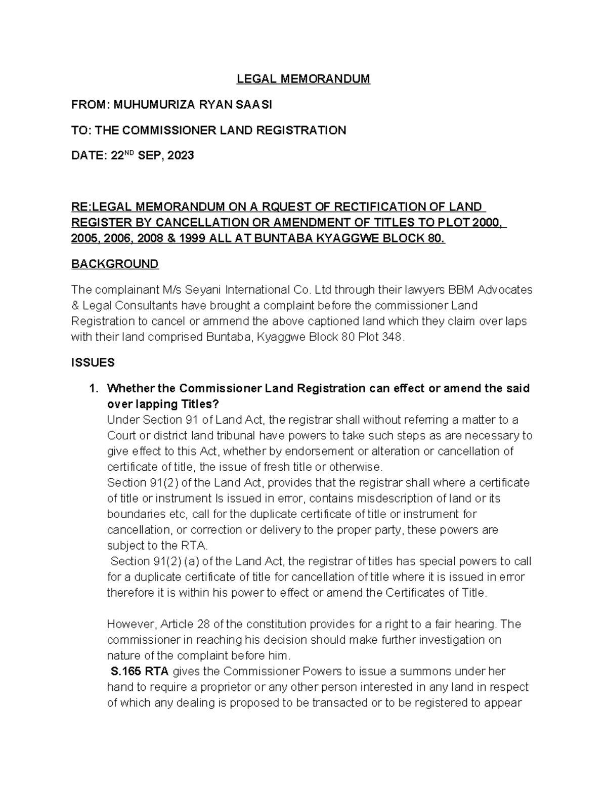 Legal Memorandum Seyani Int Ltd Complaint - Legal Memorandum From 