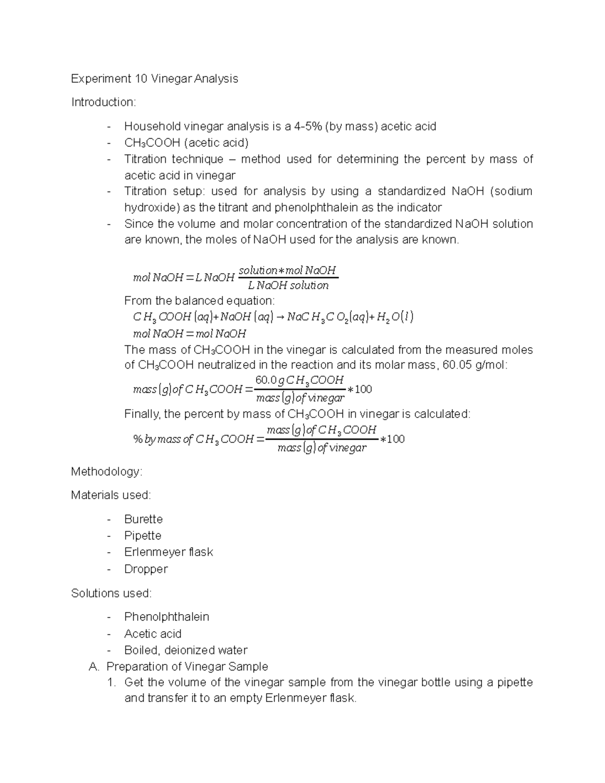 Experiment 10 Vinegar Analysis Experiment 10 Vinegar Analysis